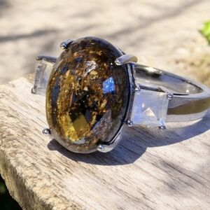 925 Sterling Silver Ring Sz 6 with Natural Bronzite 14x10mm & Moonstone Gemstone